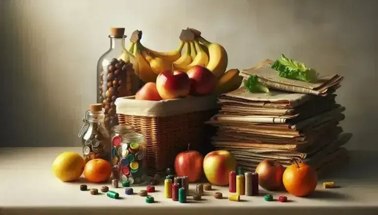 Cesto intrecciato con frutta fresca, bottiglia di vetro con semi, barattolo con tappi colorati, giornali legati e pile di batterie su sfondo neutro.