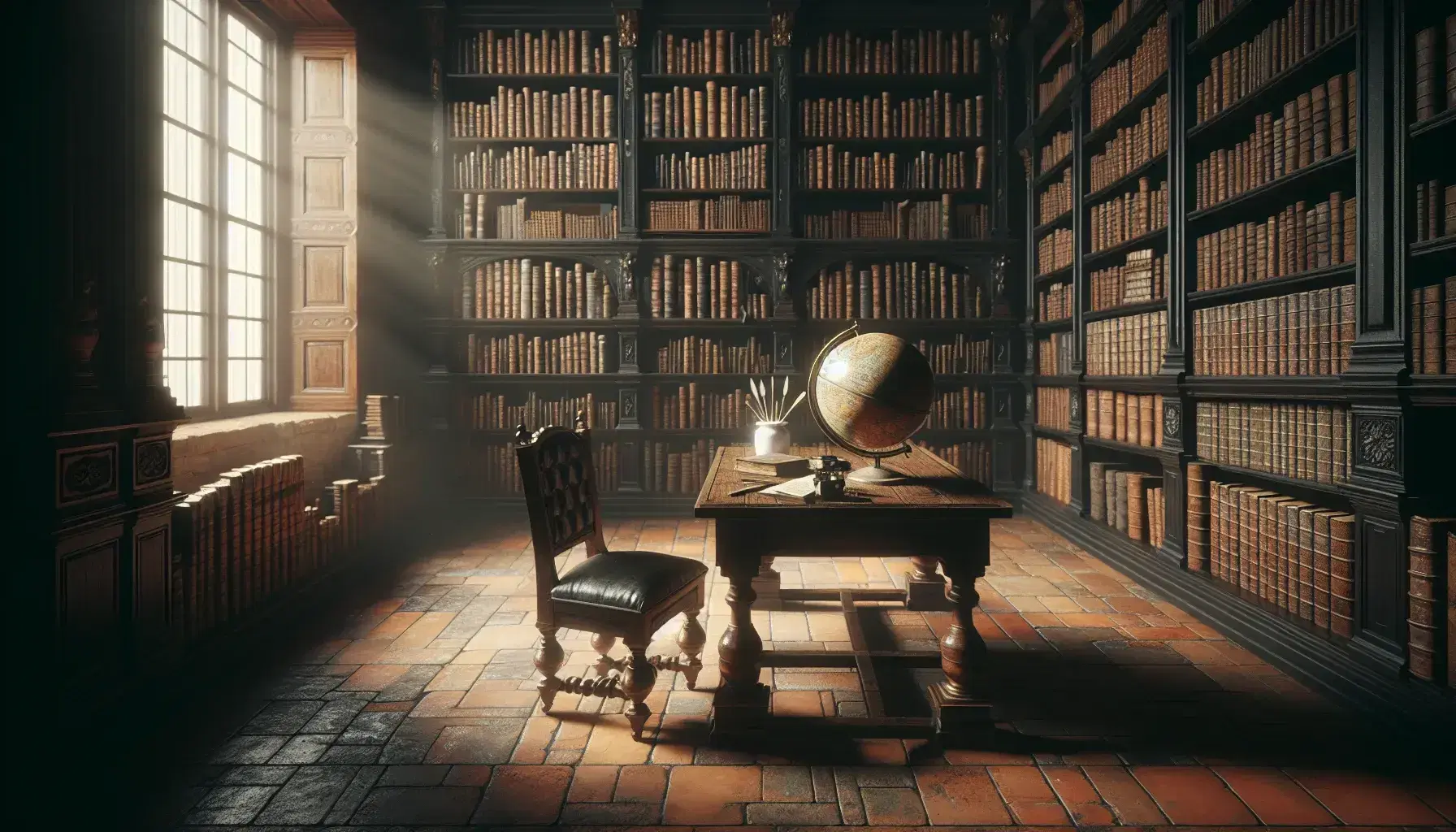 Biblioteca antigua con estanterías de madera oscura llenas de libros, mesa con globo terráqueo sepia, tintero de porcelana y silla de cuero, iluminada por luz natural.