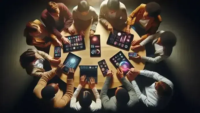 Grupo diverso de personas interactuando con dispositivos electrónicos modernos en una mesa redonda, reflejando concentración y curiosidad.