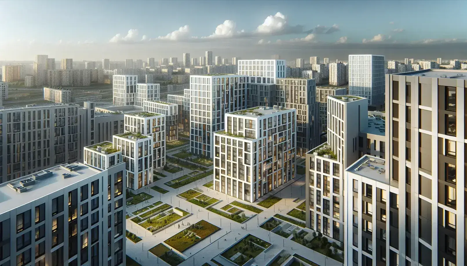 Vista aérea de una sección urbana con edificios modernos, áreas verdes y un edificio central más alto con fachada de vidrio reflejando el cielo azul.