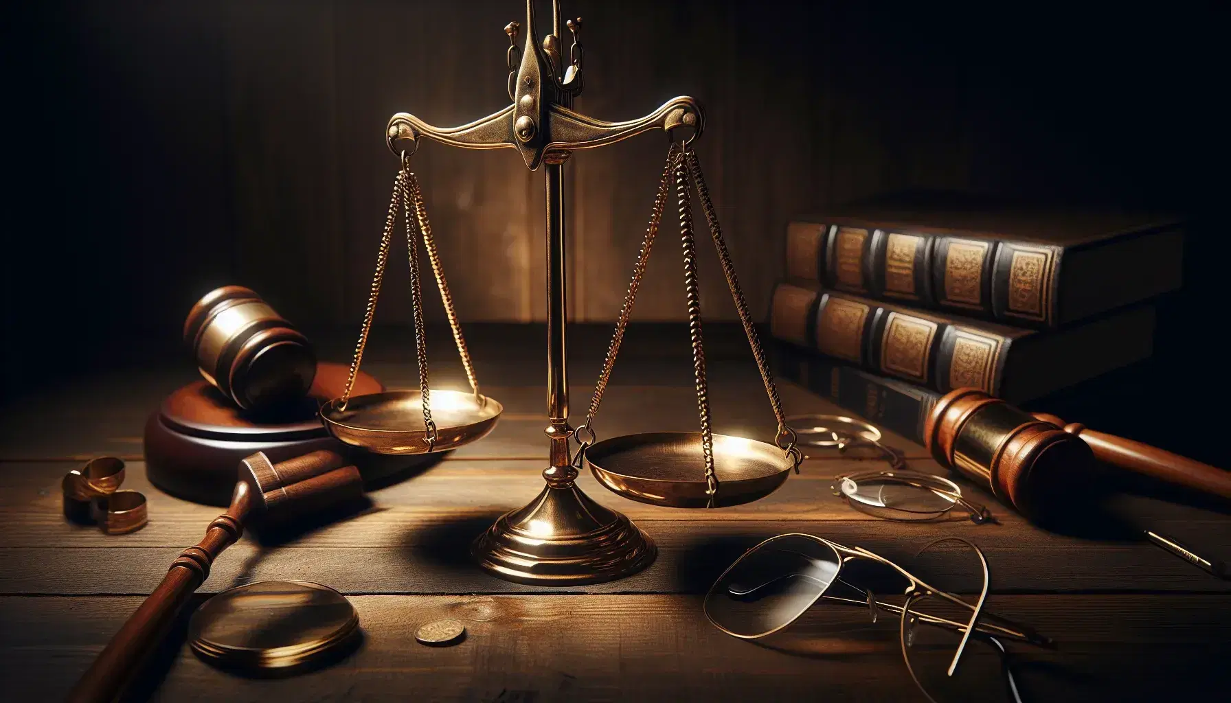 Balanza de la justicia equilibrada sobre mesa de madera oscura con mazo, gafas y libros encuadernados en cuero, simbolizando la equidad legal.