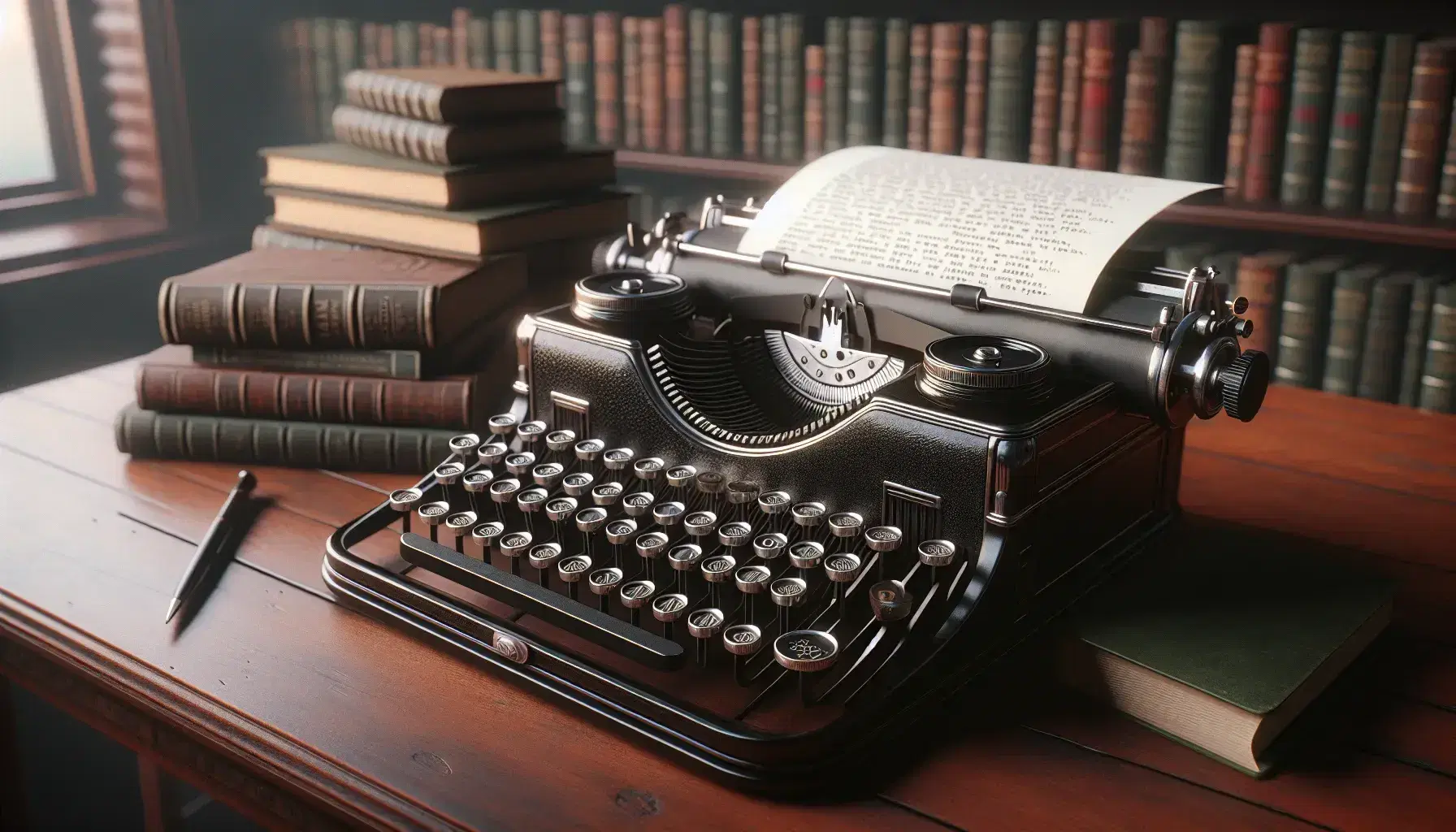 Vintage typewriter with round keys on a wooden desk beside an open, aged hardcover book, with a blurred bookshelf in the background.