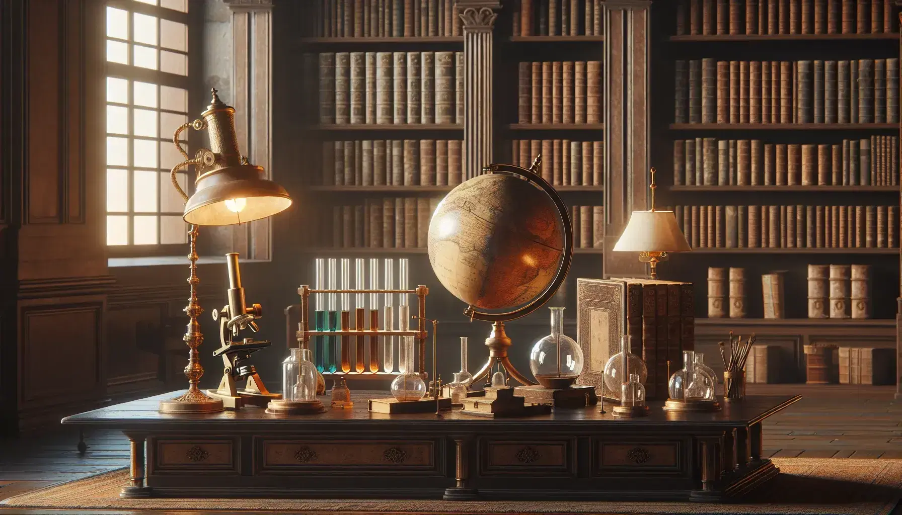 Biblioteca antigua con mesa de madera oscura, globo terráqueo sepia, microscopio y telescopio de latón, tubos de ensayo con líquidos coloridos y estantes llenos de libros.