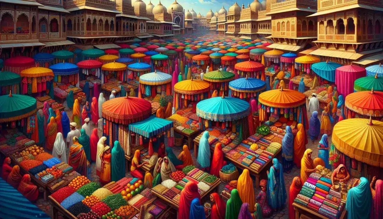 Mercado callejero en India con puestos coloridos de frutas, verduras y telas, gente en trajes tradicionales y arquitectura típica bajo cielo azul.