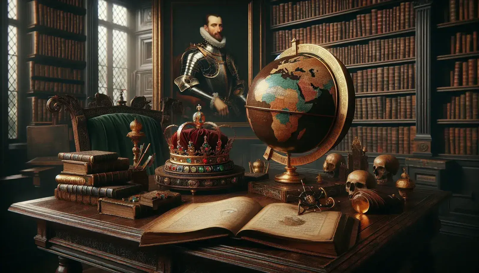 Scena di biblioteca antica con tavolo in legno, globo terrestre, corona dorata, ritratto di monarca Stuart e manoscritto aperto.