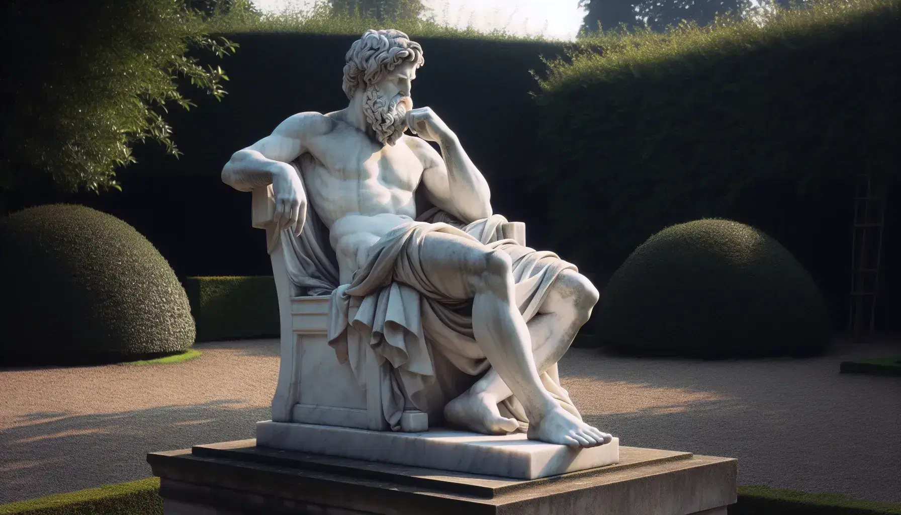 Estatua de mármol blanco de hombre barbudo pensativo sentado en silla de piedra, con mano en mentón y manto, rodeado de vegetación verde bajo luz solar.