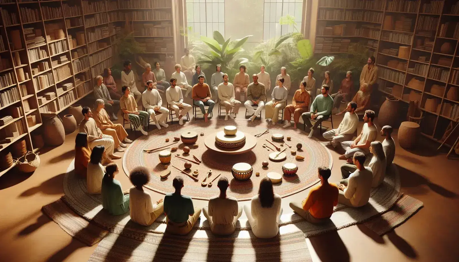 Grupo diverso de personas sentadas en círculo en un ambiente interior con luz cálida, rodeando una alfombra con objetos culturales y un libro, reflejando una atmósfera de diálogo y reflexión.