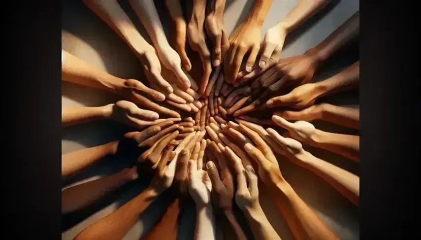 Mani intrecciate di diverse etnie formano un cerchio simboleggiando unità e diversità, con sfondo neutro e illuminazione soffusa.