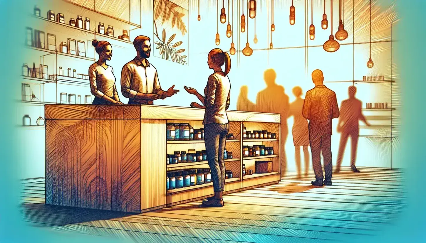 Empleado de servicio al cliente asistiendo a un cliente en un mostrador de madera claro con estantes organizados de productos en el fondo.