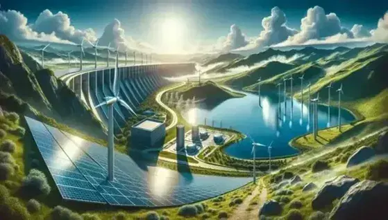 Paesaggio con pannelli solari, diga idroelettrica, turbine eoliche e vapore geotermico su montagne, simbolo di energie rinnovabili.