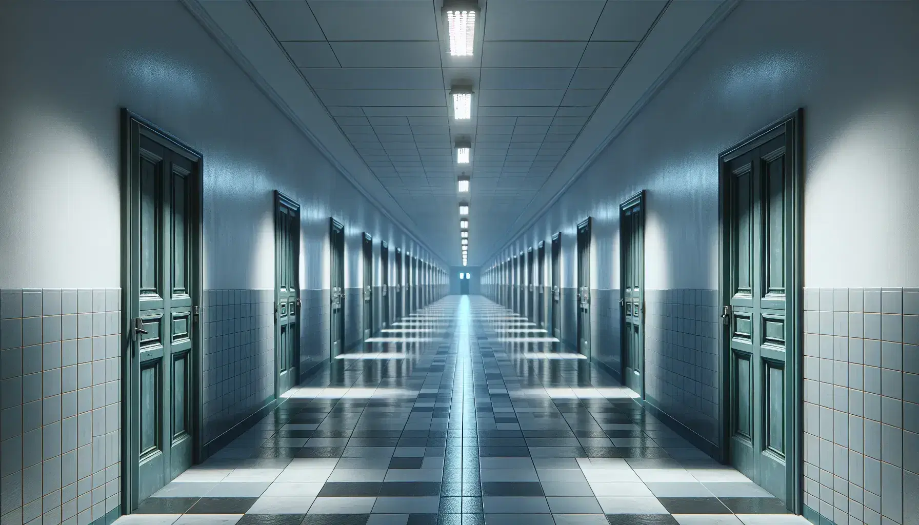 Long, empty corridor with pale blue walls, glossy checkered floor, and a series of closed green doors with square windows, under bright fluorescent lights.