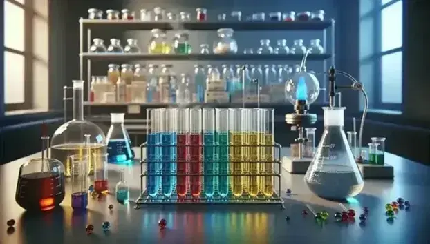 Laboratorio de química con tubos de ensayo de colores en gradilla metálica, matraz Erlenmeyer y mechero Bunsen encendido, sin etiquetas visibles.
