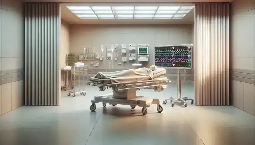 Habitación de hospital con camilla y figura humana recostada, monitor de signos vitales al lado y biombo de tres paneles en tonos azules y verdes.