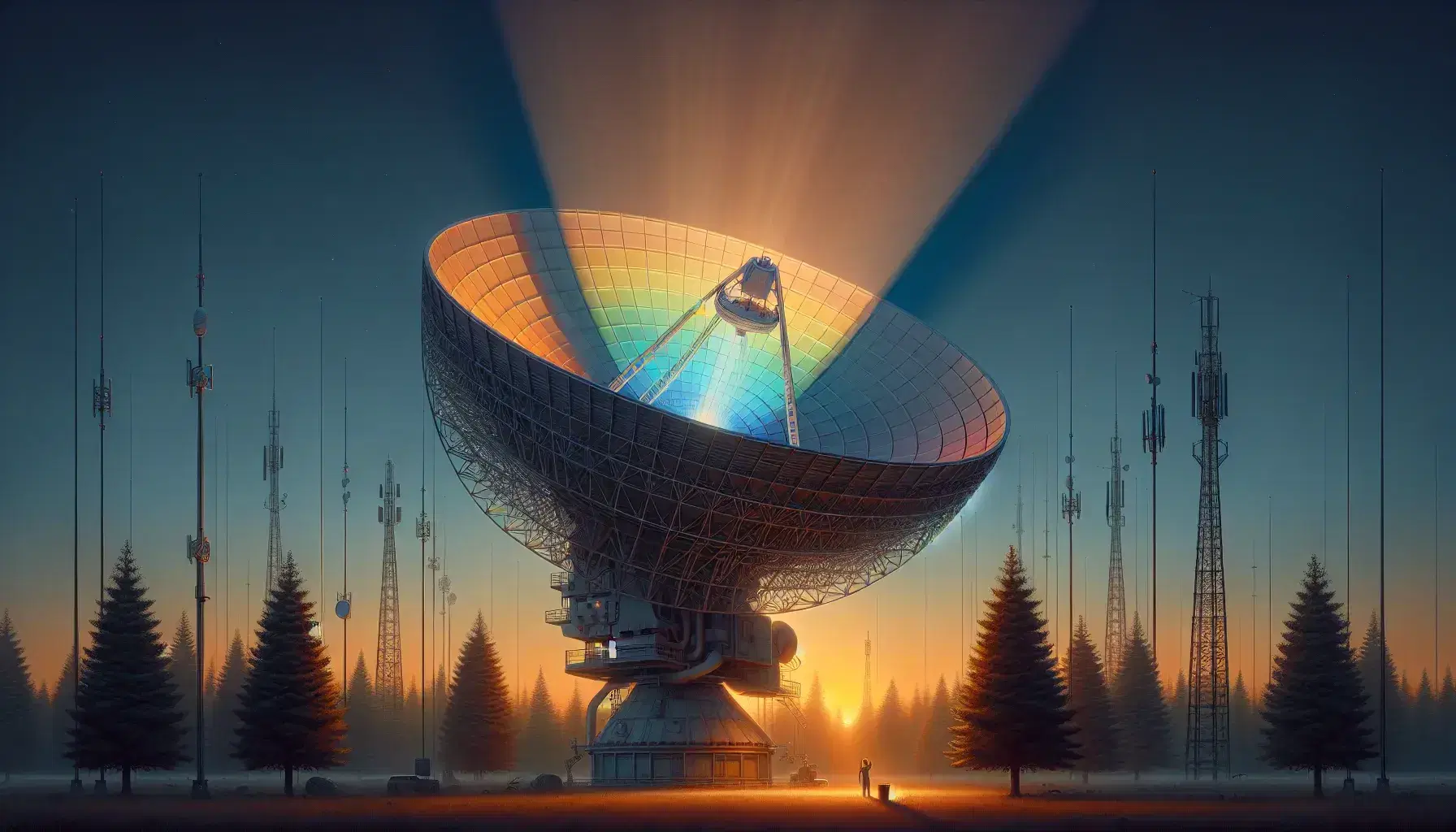 Serene dusk scene with a large satellite dish and radio antennas against a gradient sky, person holding a prism refracting sunlight into a spectrum.