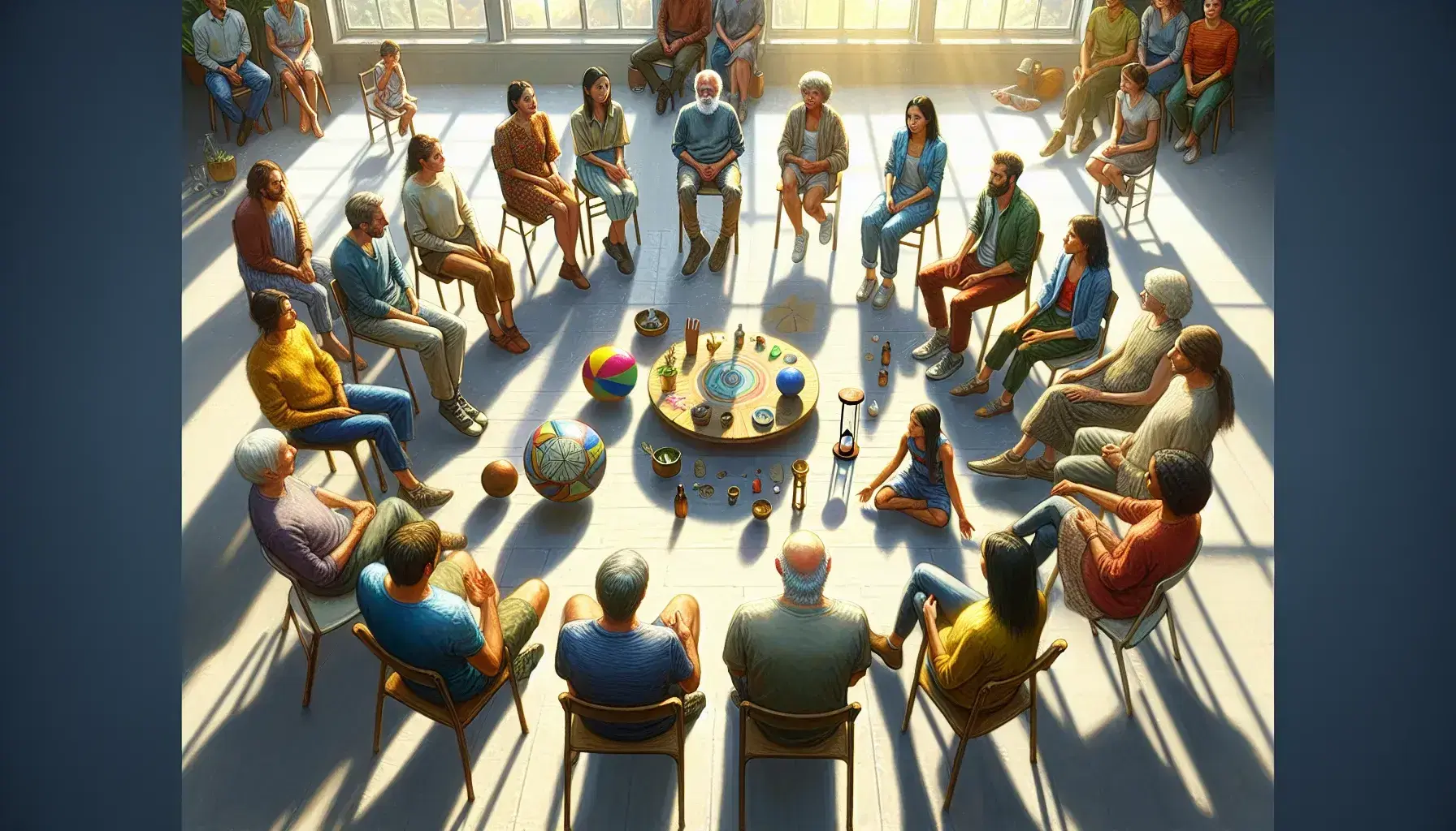Grupo diverso de personas en círculo dialogando con objetos en el centro, en una sala iluminada naturalmente, reflejando interacción y diversidad.