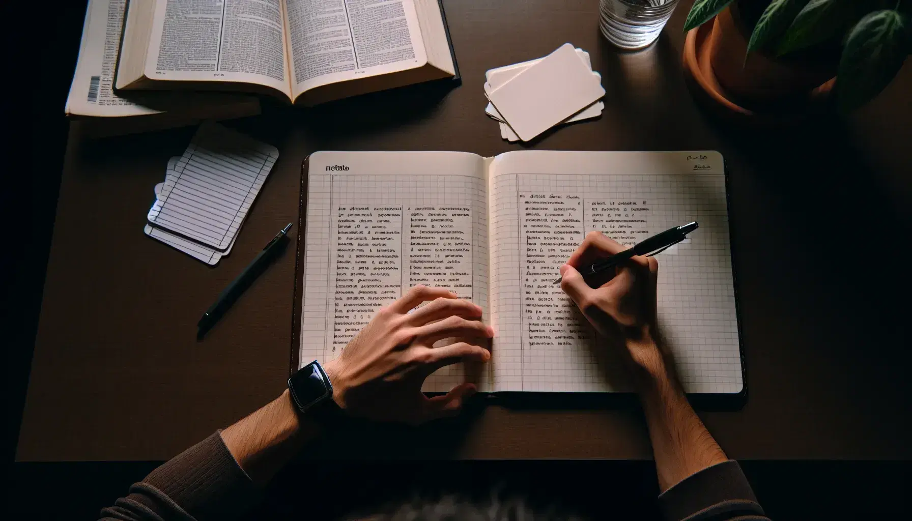 Overhead view of a study desk with hands poised to write in a blank notebook, flanked by flashcards, a Spanish-English dictionary, textbook, water glass, and plant.