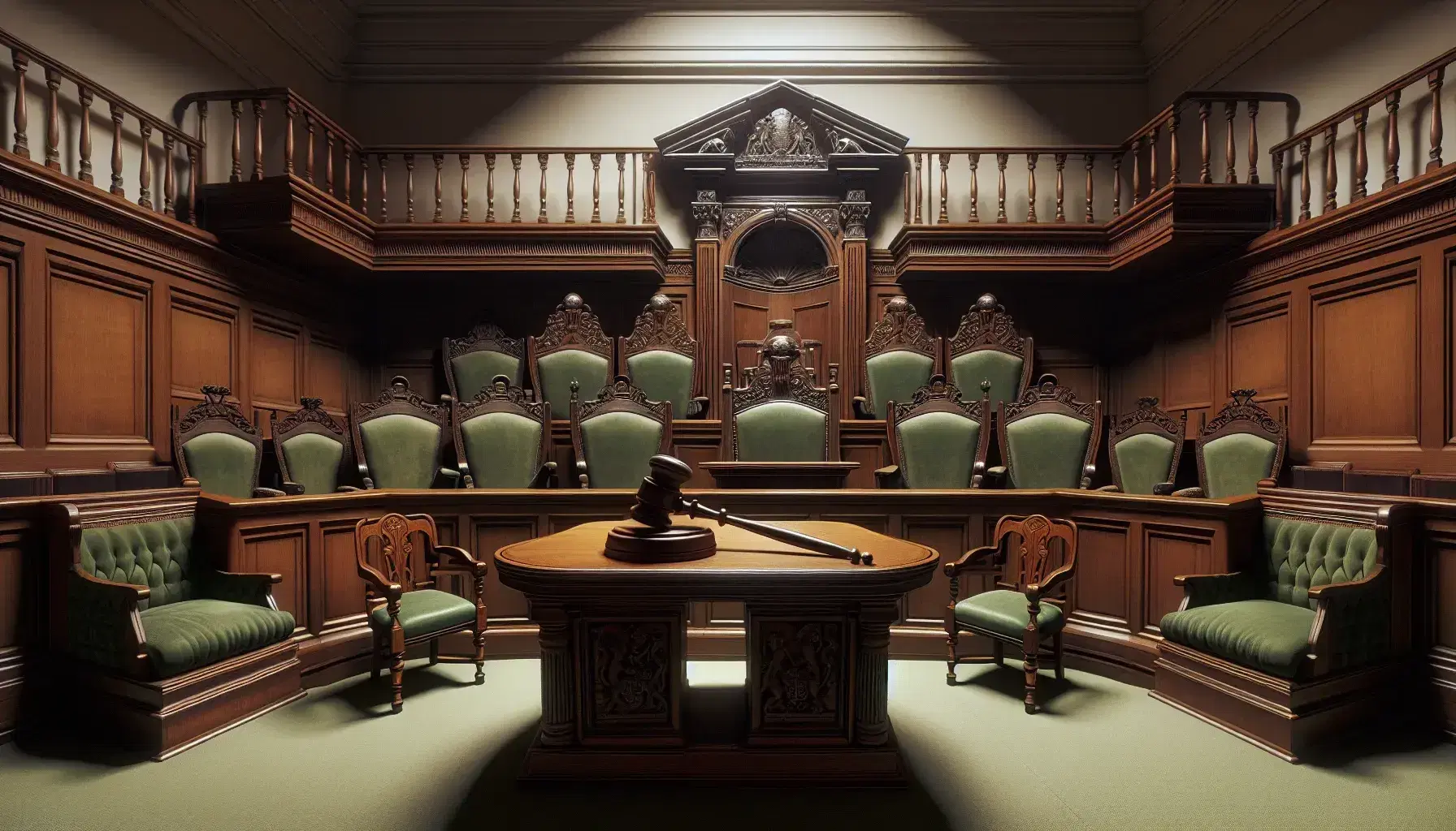 Traditional British courtroom interior with judge's bench, witness stand, jury box, barrister tables, and ornate chandelier.