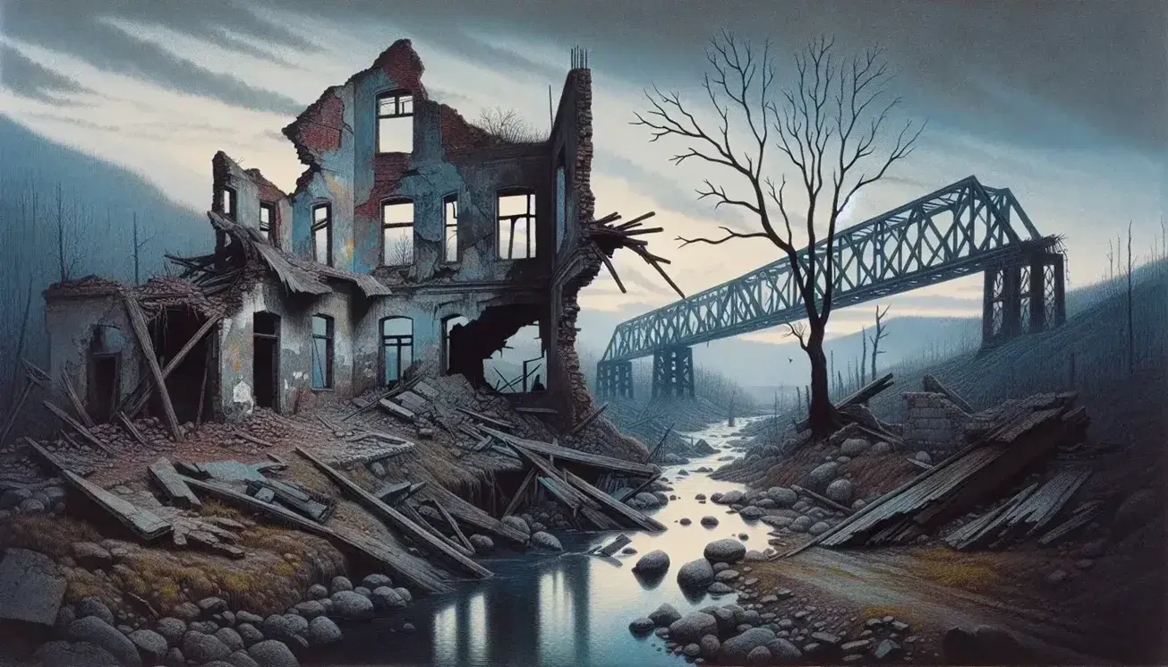 Post-war landscape with ruined building, destroyed bridge and bare tree, quiet river and blurry mountains in the background.