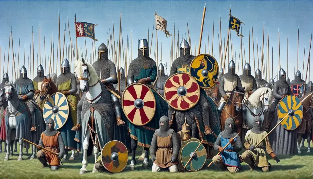 Norman knights in chainmail on horseback with red and yellow shields, Anglo-Saxon soldiers with axes and spears on a grassy battlefield.