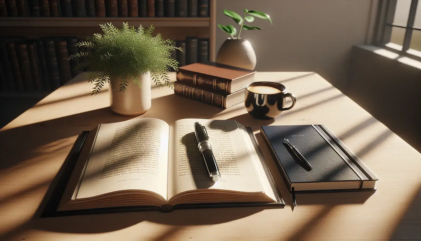 Mesa de madera clara con libro abierto, pluma estilográfica negra, cuaderno azul, taza de café con espuma y planta verde en maceta terracota.