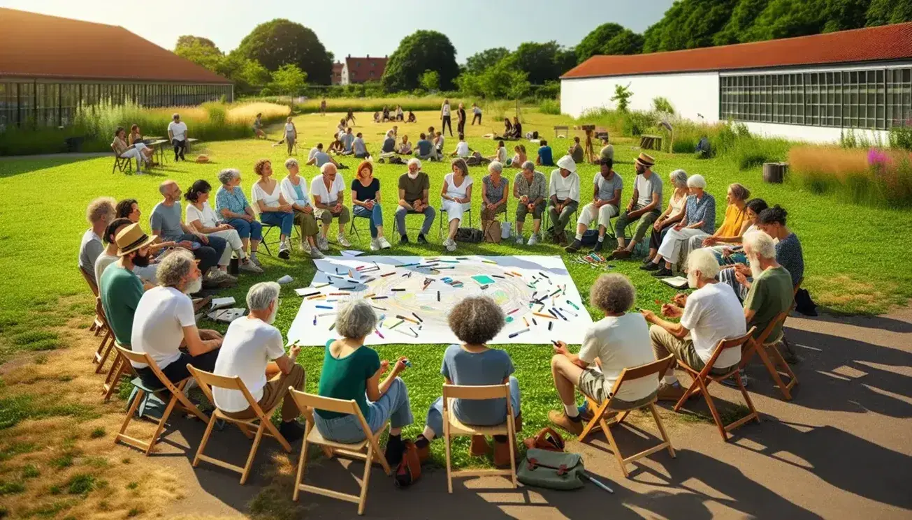 Grupo diverso de adultos en parque colaborando en proyecto comunitario alrededor de papel en blanco con marcadores, en un día soleado.