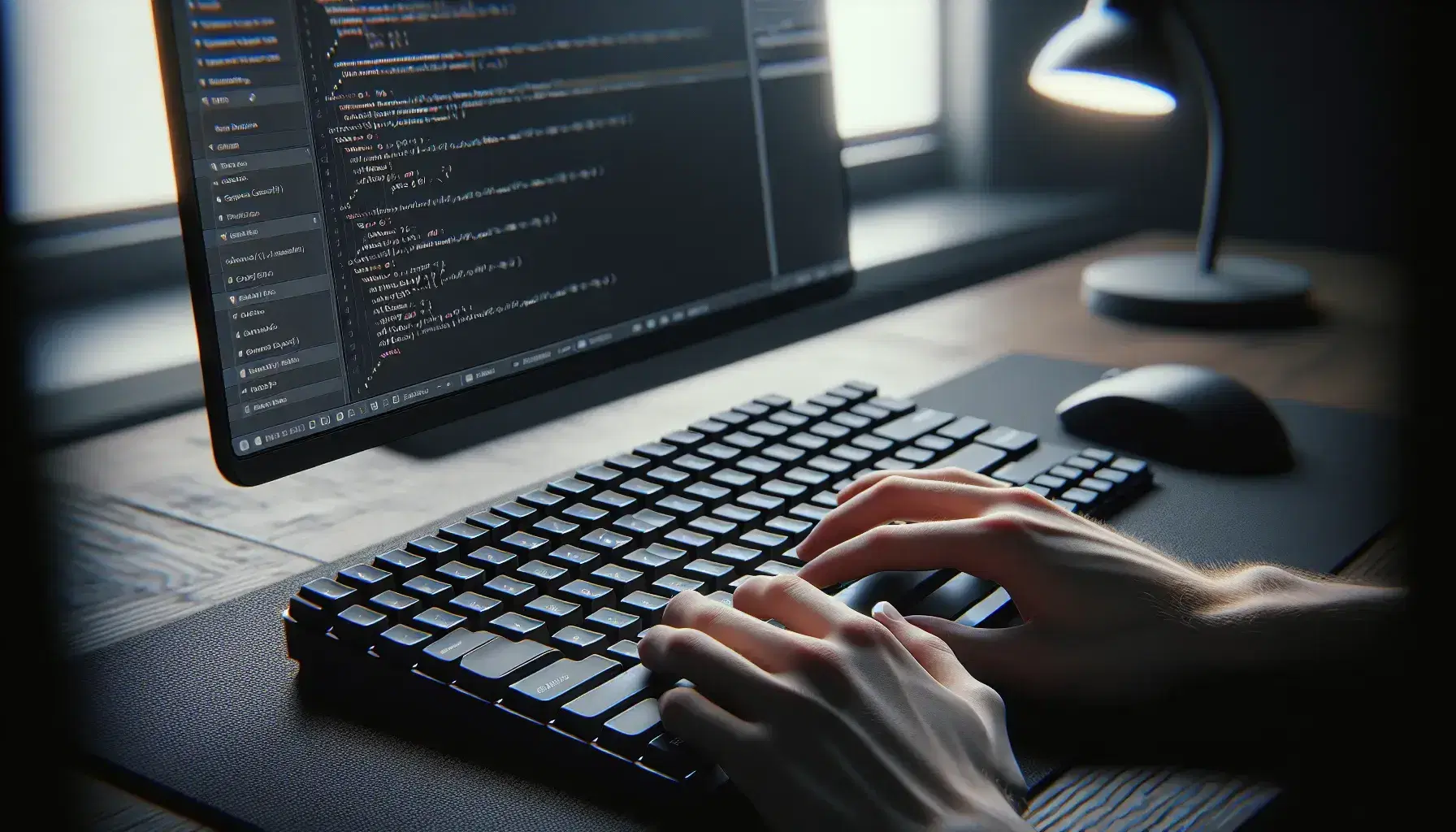 Close-up of hands on black modern computer keyboard while programming in a Python IDE with naturally lit screen and blurred background.