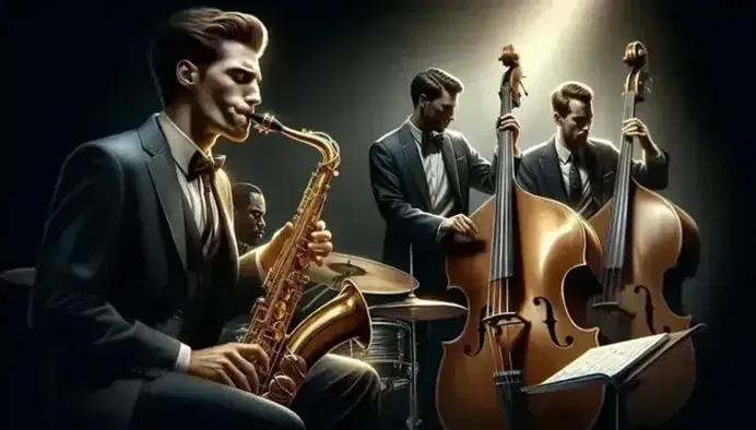 Quartetto jazz in azione con saxofonista, contrabbassista, pianista e batterista immersi nella performance musicale.