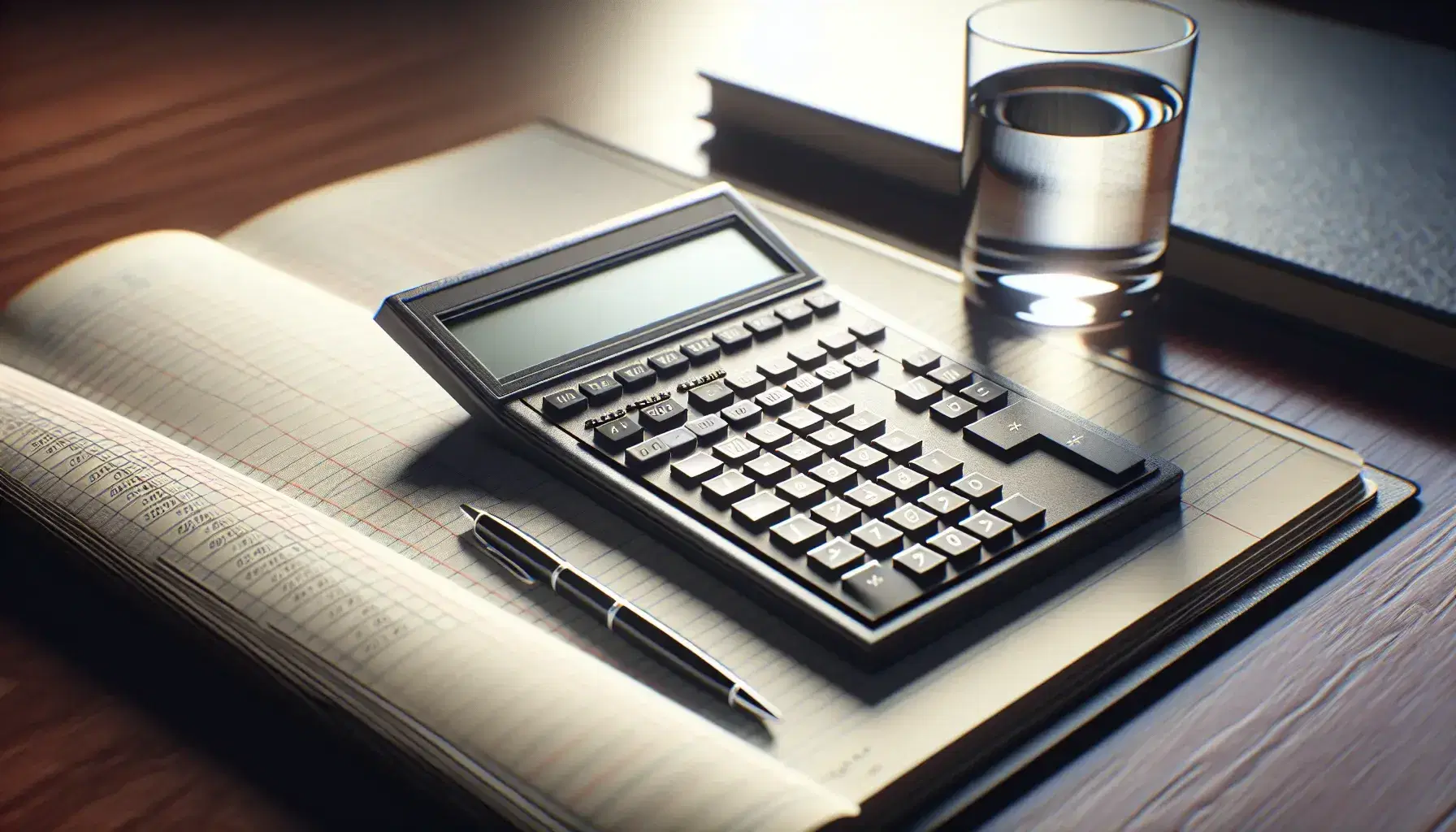 Close-up view of a dark gray calculator with blank screen, a glass of water, and an open ledger on a polished wooden desk, in soft lighting.