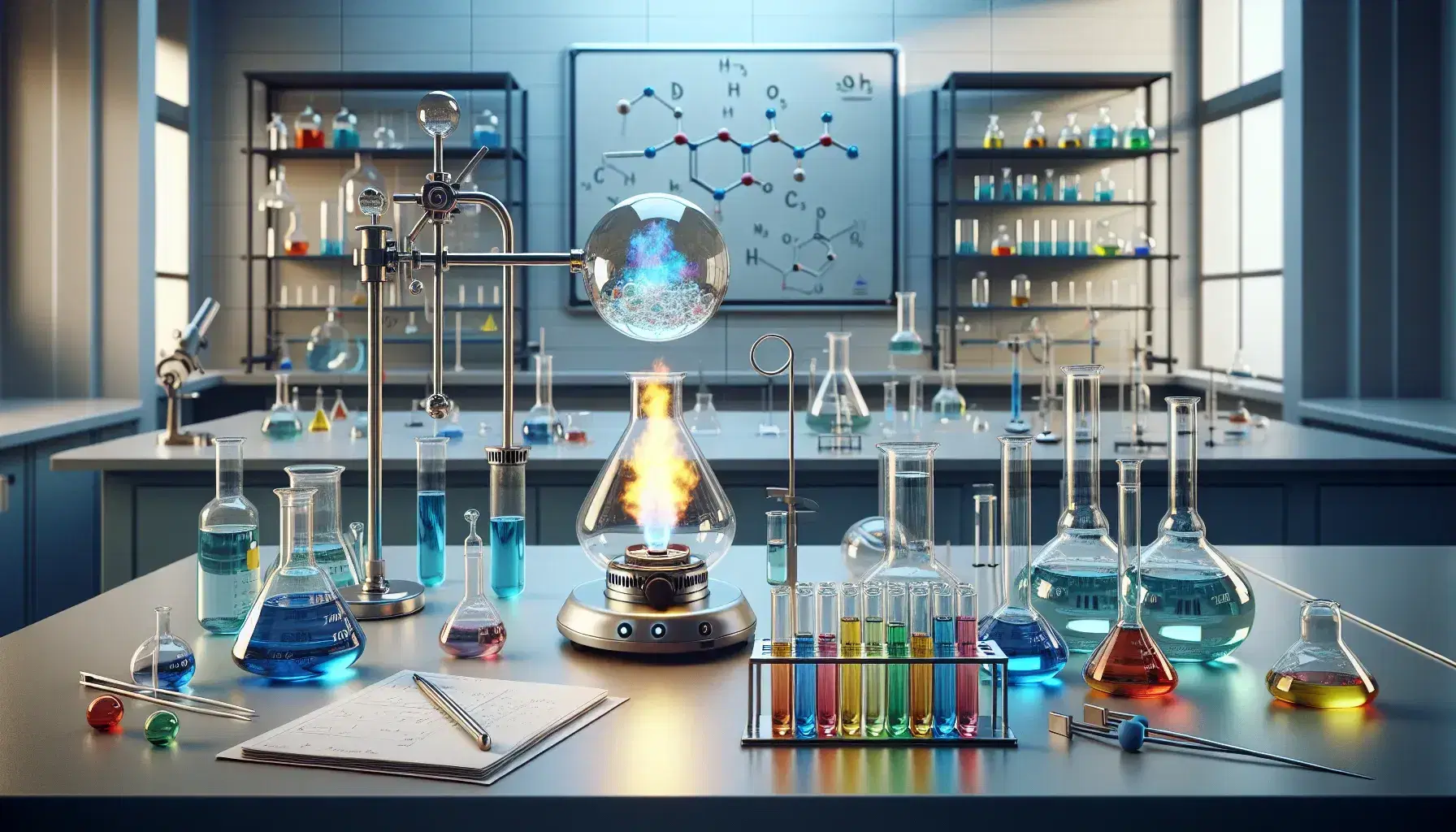 Laboratorio de química con tubos de ensayo de colores, matraz esférico y quemador Bunsen, rodeado de estantes con material de laboratorio y luz natural.
