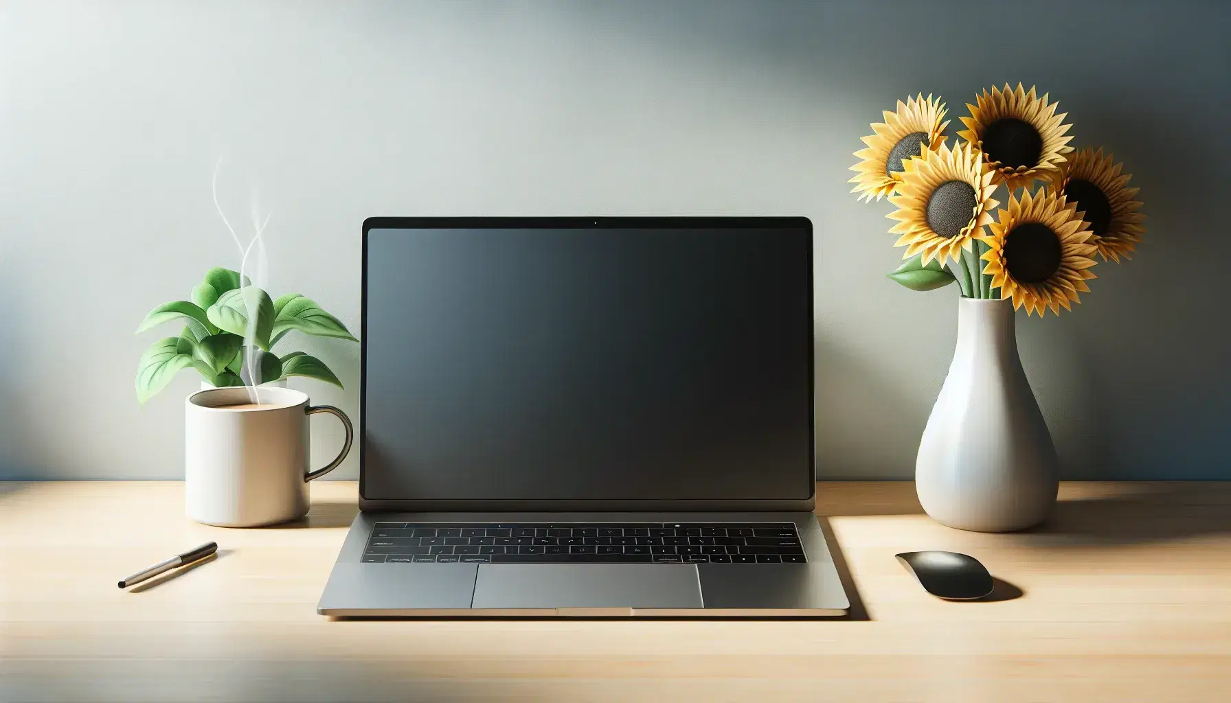 Modern workspace with silver laptop on, green plant, cup of coffee and pot of sunflowers on light wooden desk and gray background.