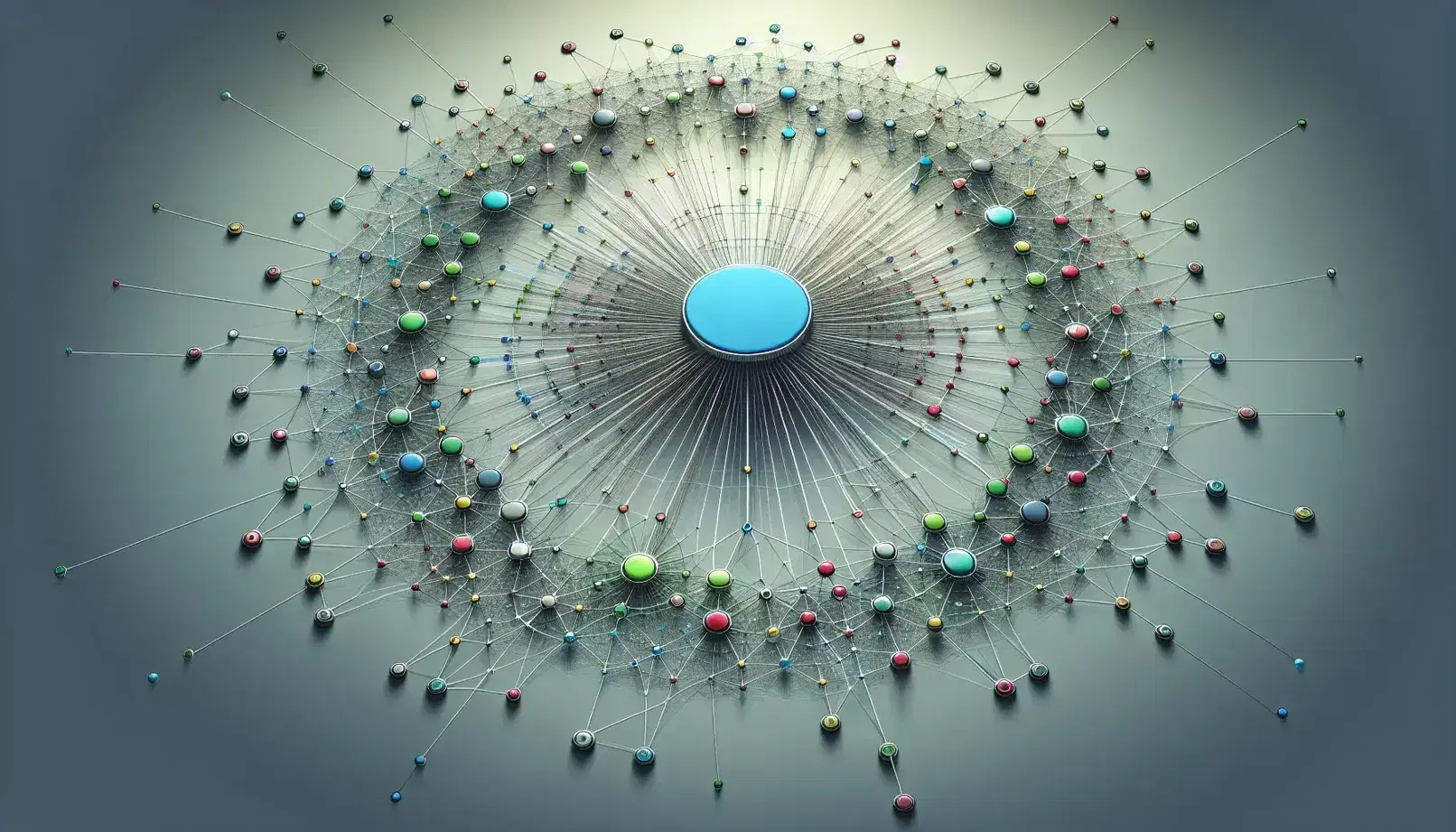 Central blue node in a radial network with multicolored nodes connected by silver lines on a gradient gray background, symbolizing a complex system.