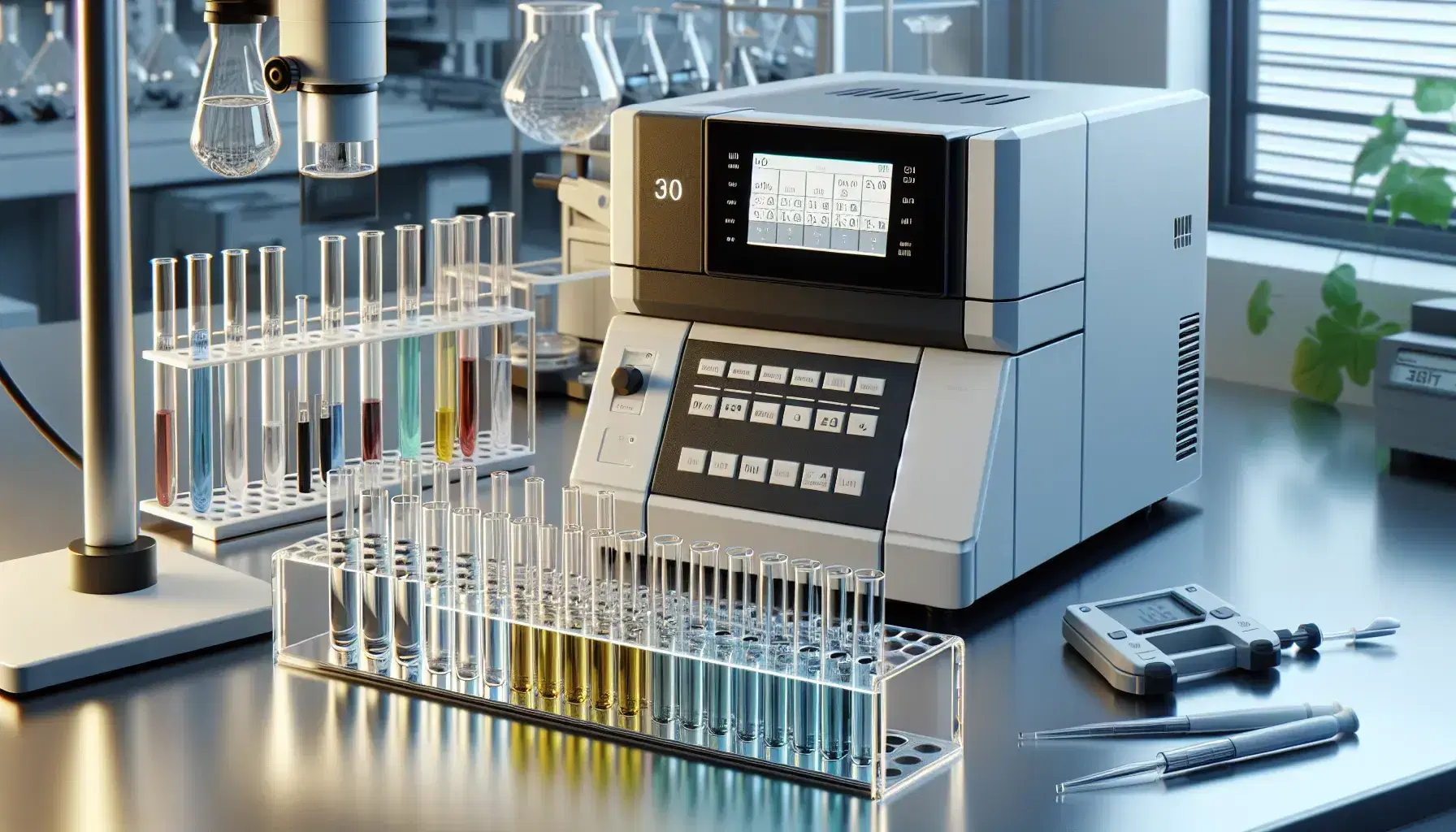 Espectrofotómetro UV-visible en laboratorio con cuvetas de cuarzo y soluciones de colores graduados, balanza analítica al fondo y estante con pipetas variadas.