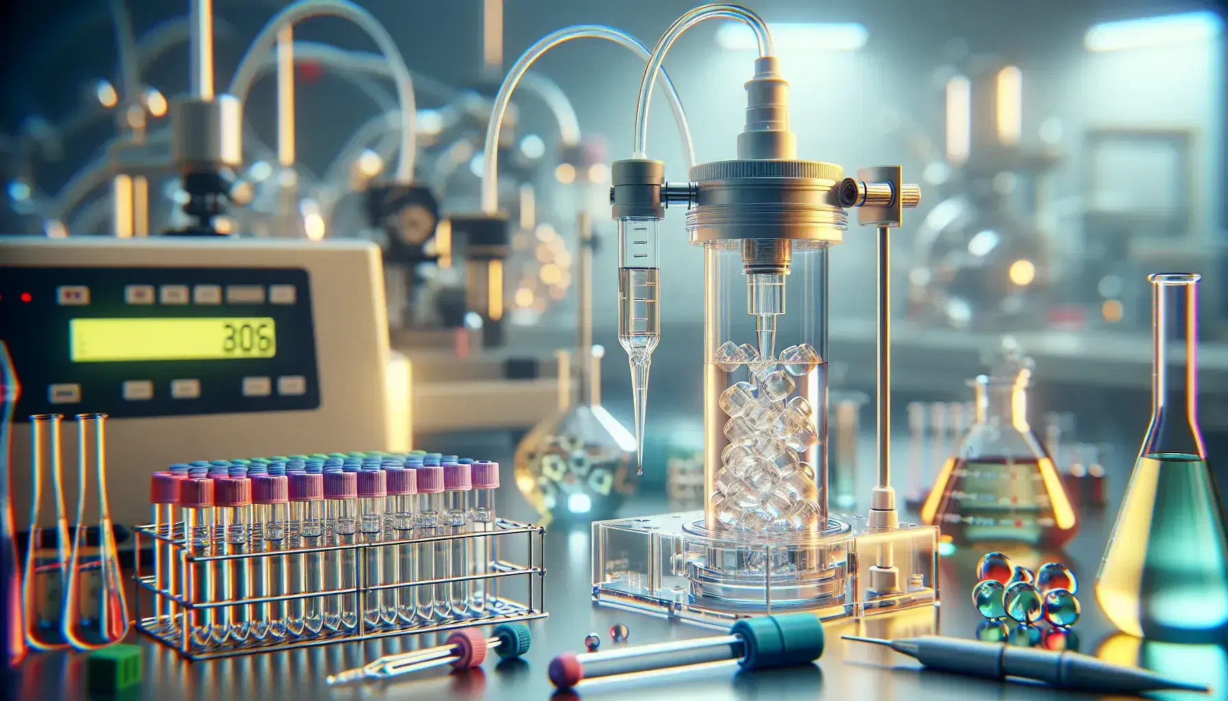 Laboratory with ion exchange chromatography column, beige resin, transparent tubes, blue micropipette and colored test tubes in the background.