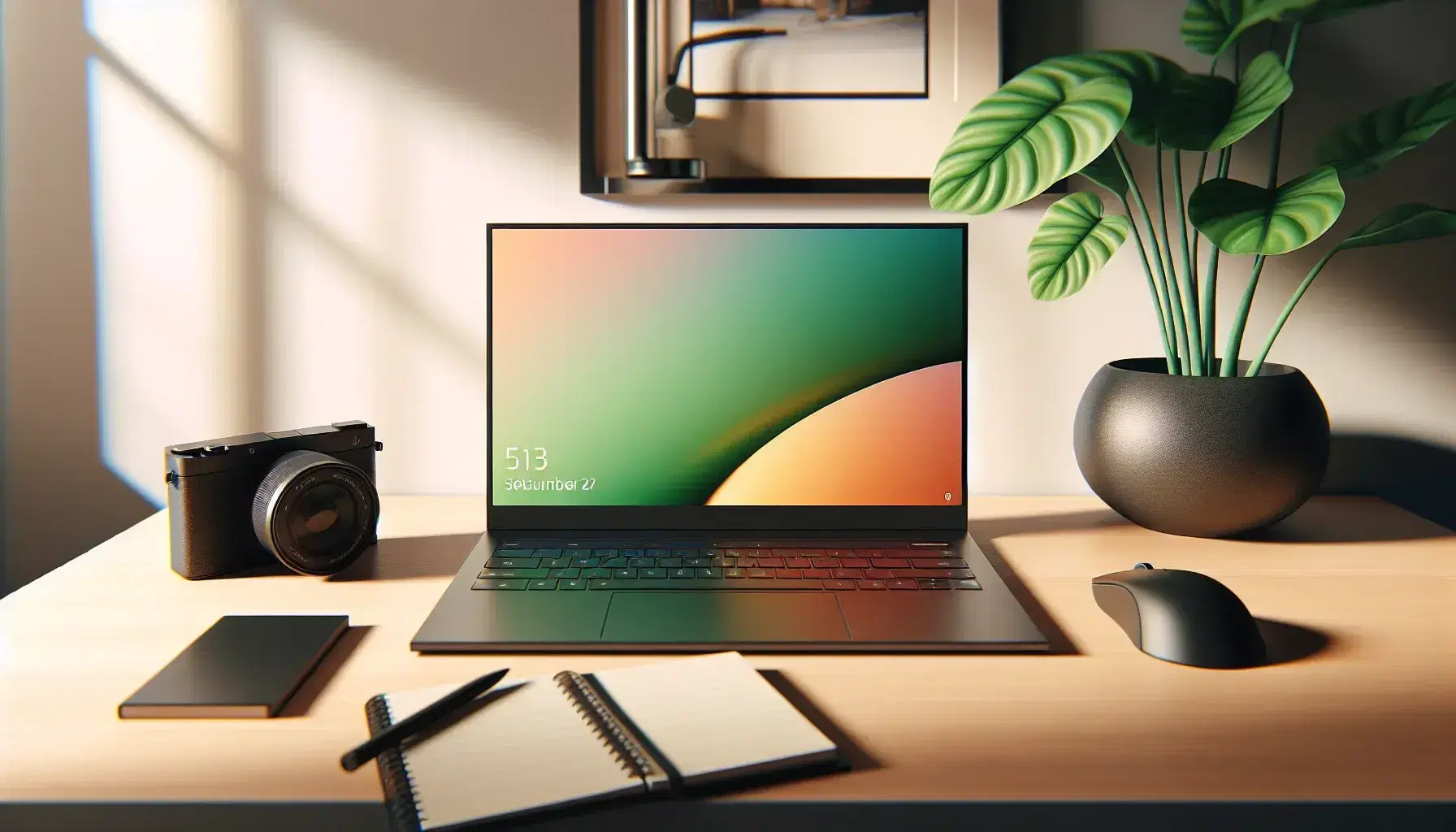 Modern workspace with sleek laptop, headphones, digital camera, notepad with pen, and potted plant on a desk against a neutral wall, reflecting a professional vibe.