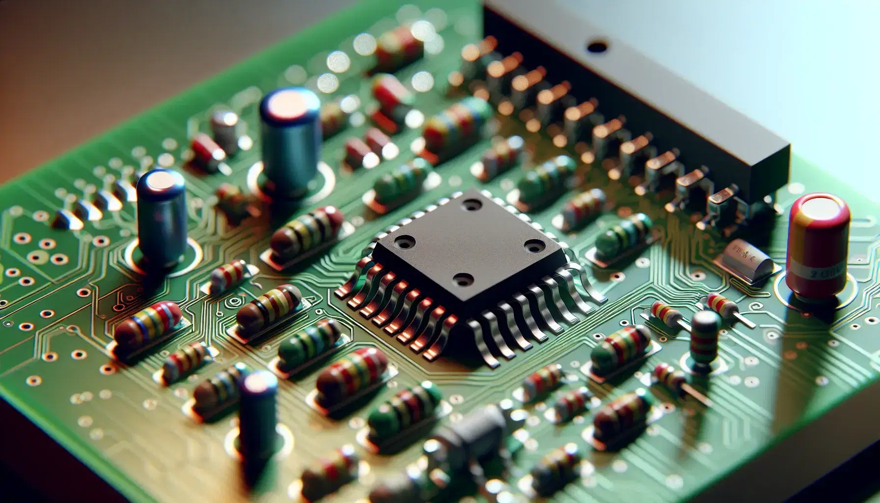 Close-up of a green electronic circuit board with metallic circuits, central black integrated chip, blue capacitor, red LED and colored resistors.