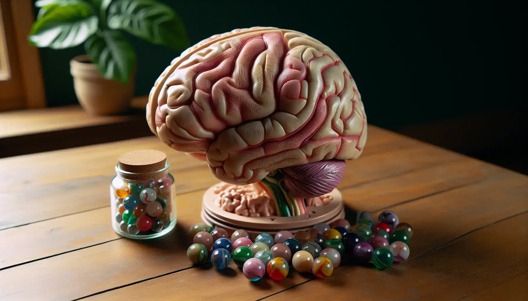Detailed anatomical model of human brain on wooden desk with vase of colorful marbles and blurry green plant in background.
