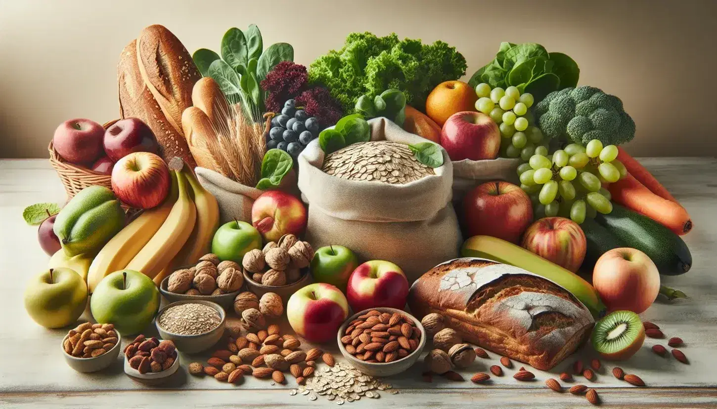 Variedad de alimentos frescos con granos, frutas como manzanas, bananas y uvas, panes con semillas, vegetales de hoja verde, zanahorias, tomates y frutos secos en superficie de madera clara.