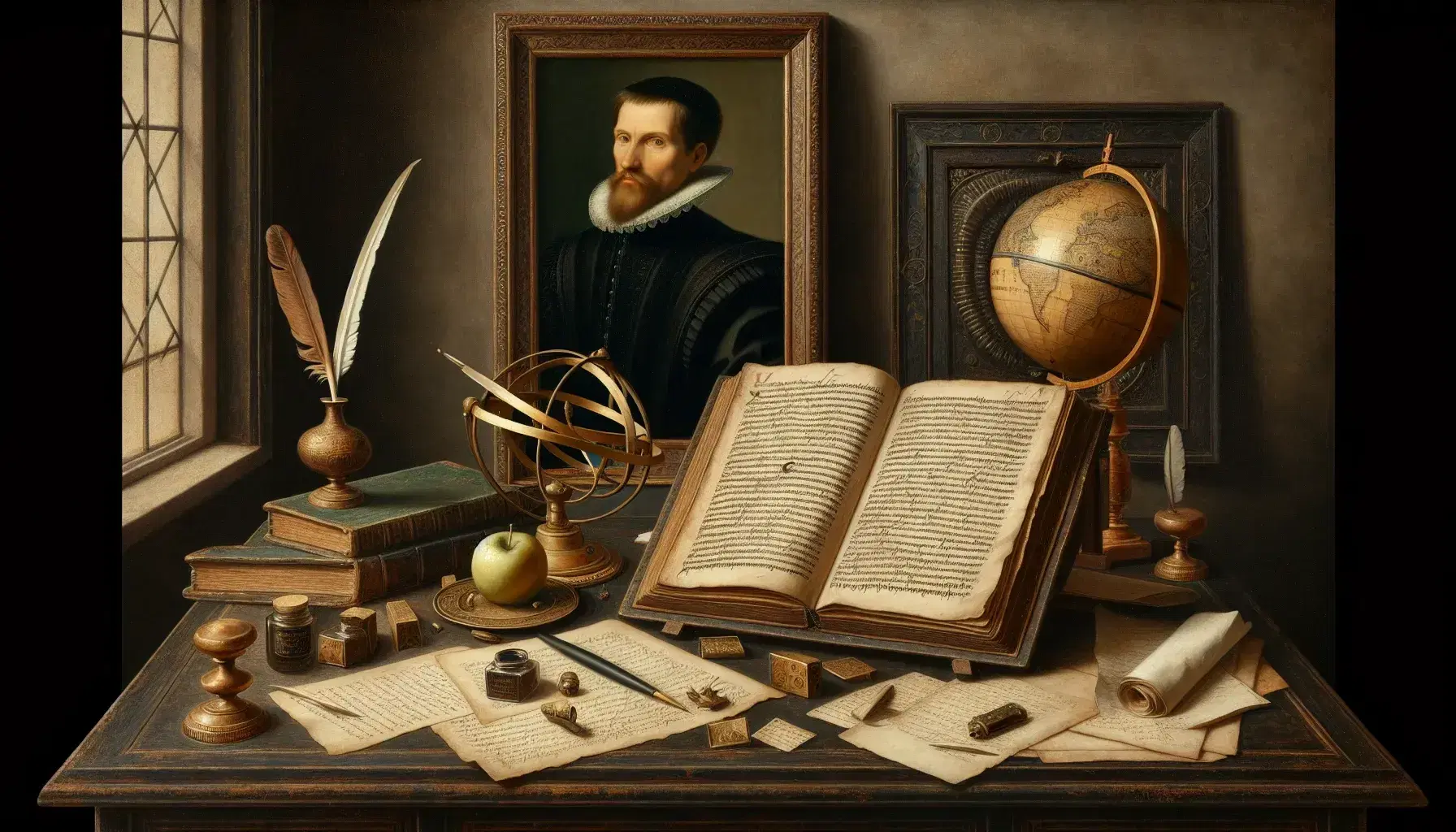 Scrivania rinascimentale con libro aperto, calamaio e penna d'oca, sfera armillare in ottone, ritratto d'epoca e cera di candela spenta.