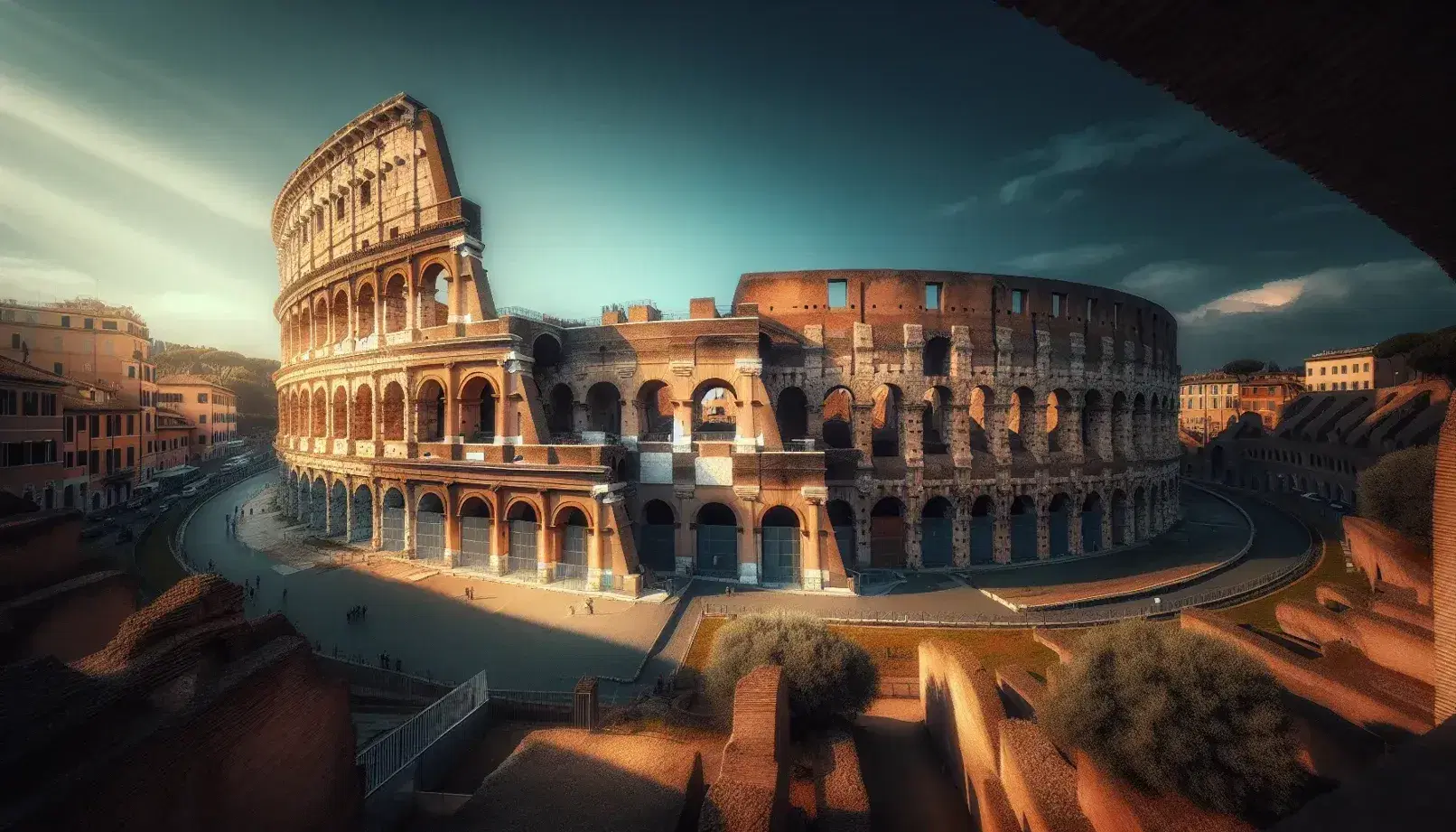 Vista parziale del Colosseo romano con archi in pietra ocra, cielo azzurro sereno e alberi verdi, senza elementi moderni.