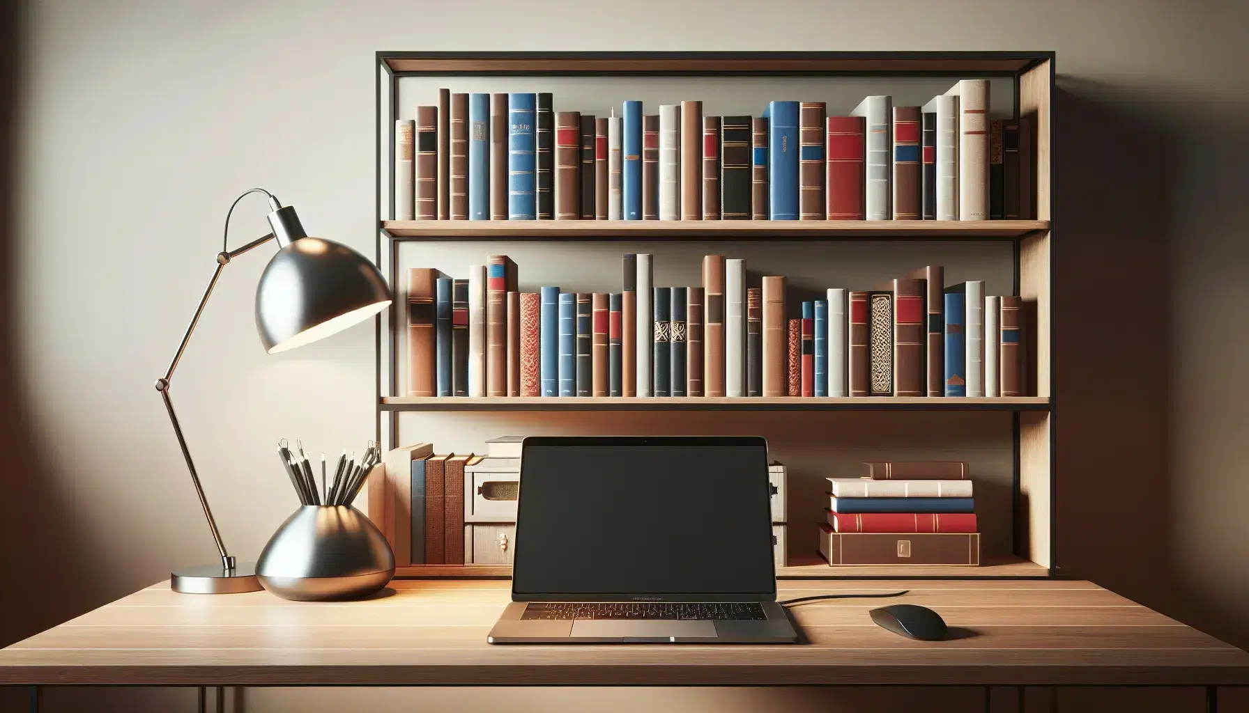 Estantería de madera oscura repleta de libros de tapa dura con lomos de colores junto a una mesa con portátil plateado, ratón inalámbrico y lámpara encendida.