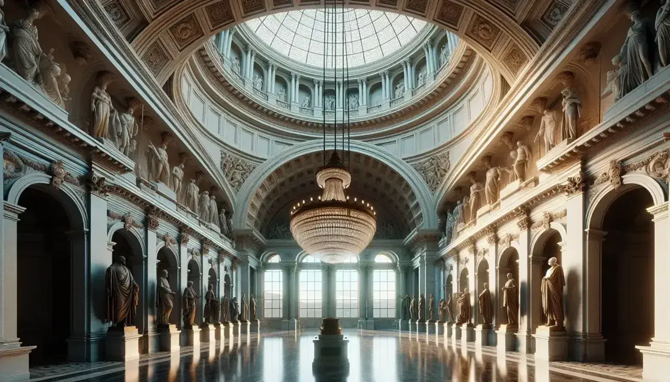 Grand semi-circular government hall with high domed ceiling, marble and bronze statues, intricate reliefs, and a central chandelier.