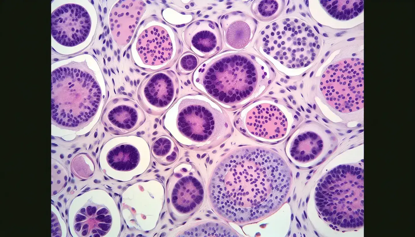 Vista microscópica de células de tejido humano con núcleos púrpura intenso y citoplasma claro, separadas por espacios intersticiales, sin texto ni símbolos.