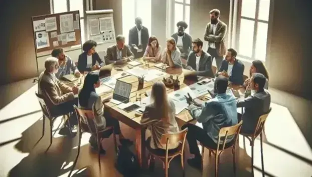Multi-ethnic group in collaborative meeting around a wooden table with laptop and papers, in a bright room.
