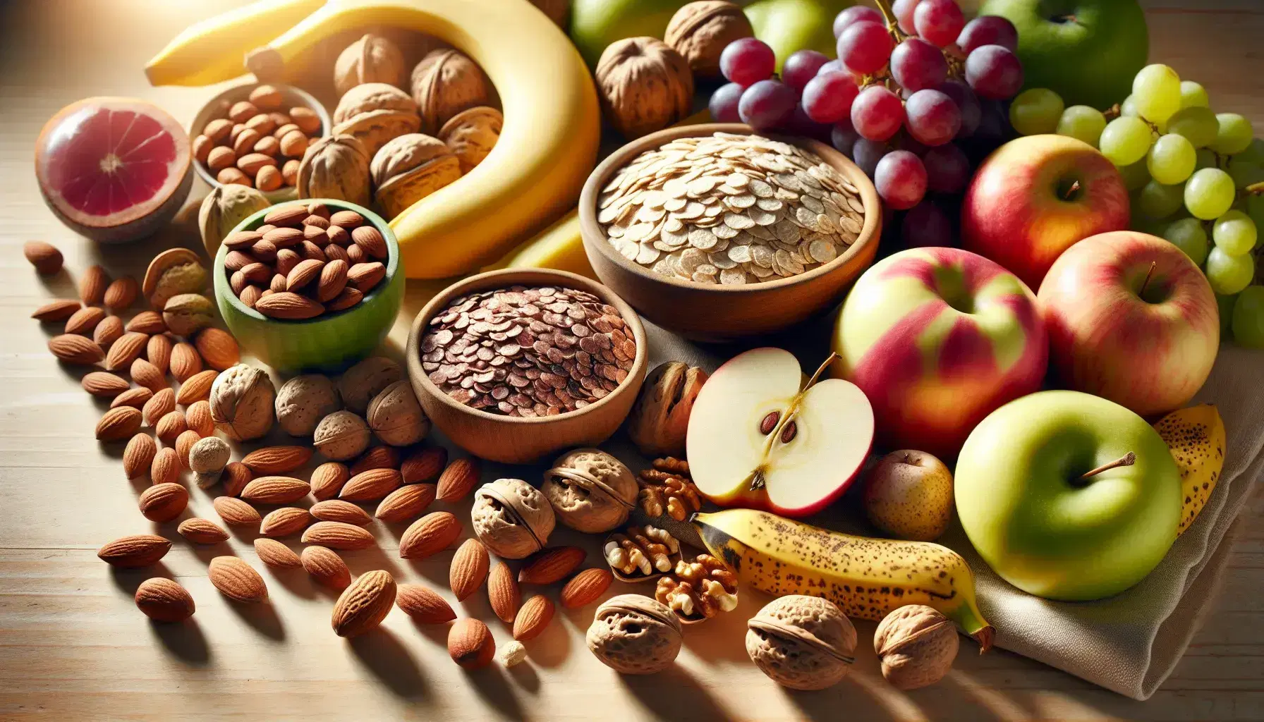 Variedad de alimentos naturales en superficie de madera con frutas frescas, frutos secos, copos de avena y legumbres bajo luz natural.