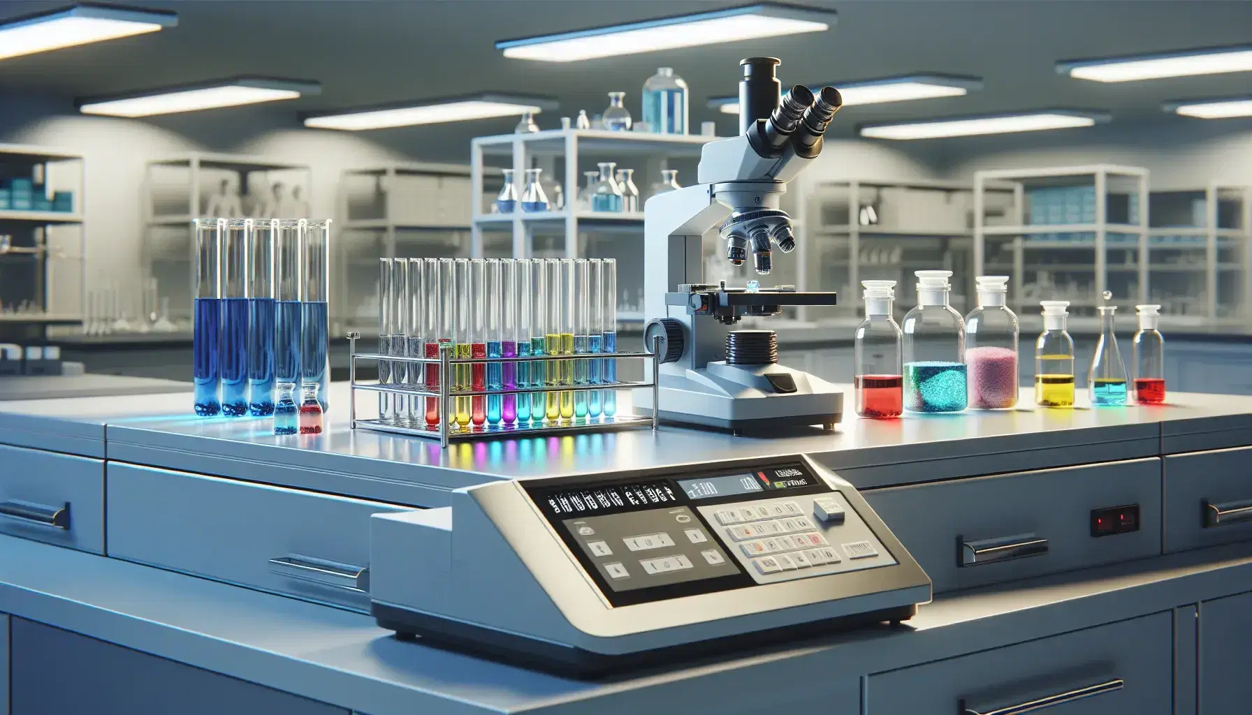 Laboratorio científico con tubos de ensayo de colores en soporte metálico, microscopio plateado y balanza analítica sobre mesa blanca.