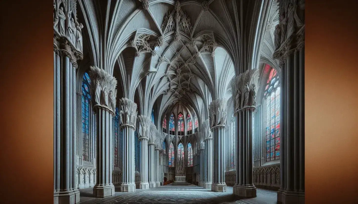Interior gótico de catedral con pilares altos, arcos apuntados, bóveda de crucería y vidrieras coloridas proyectando luz sobre el suelo.