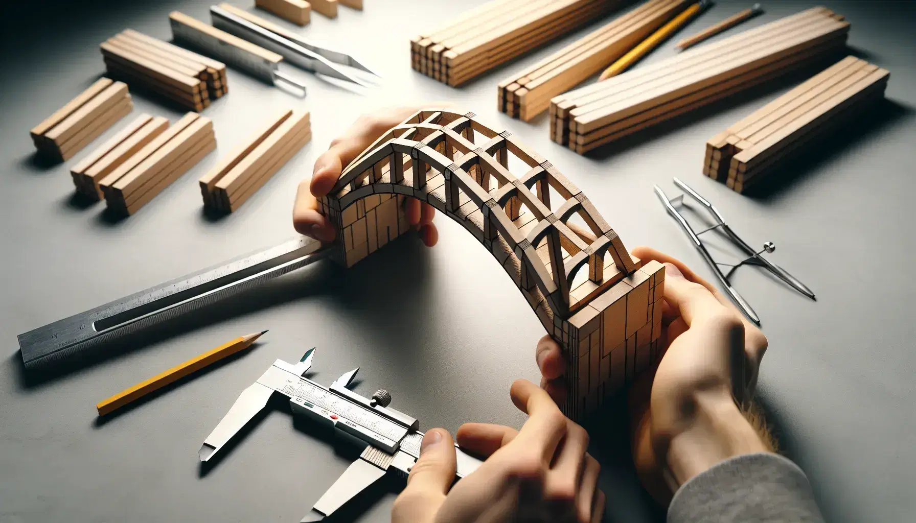 Manos sujetando modelo de puente de arco de madera con herramientas de ingeniería en segundo plano sobre superficie gris.