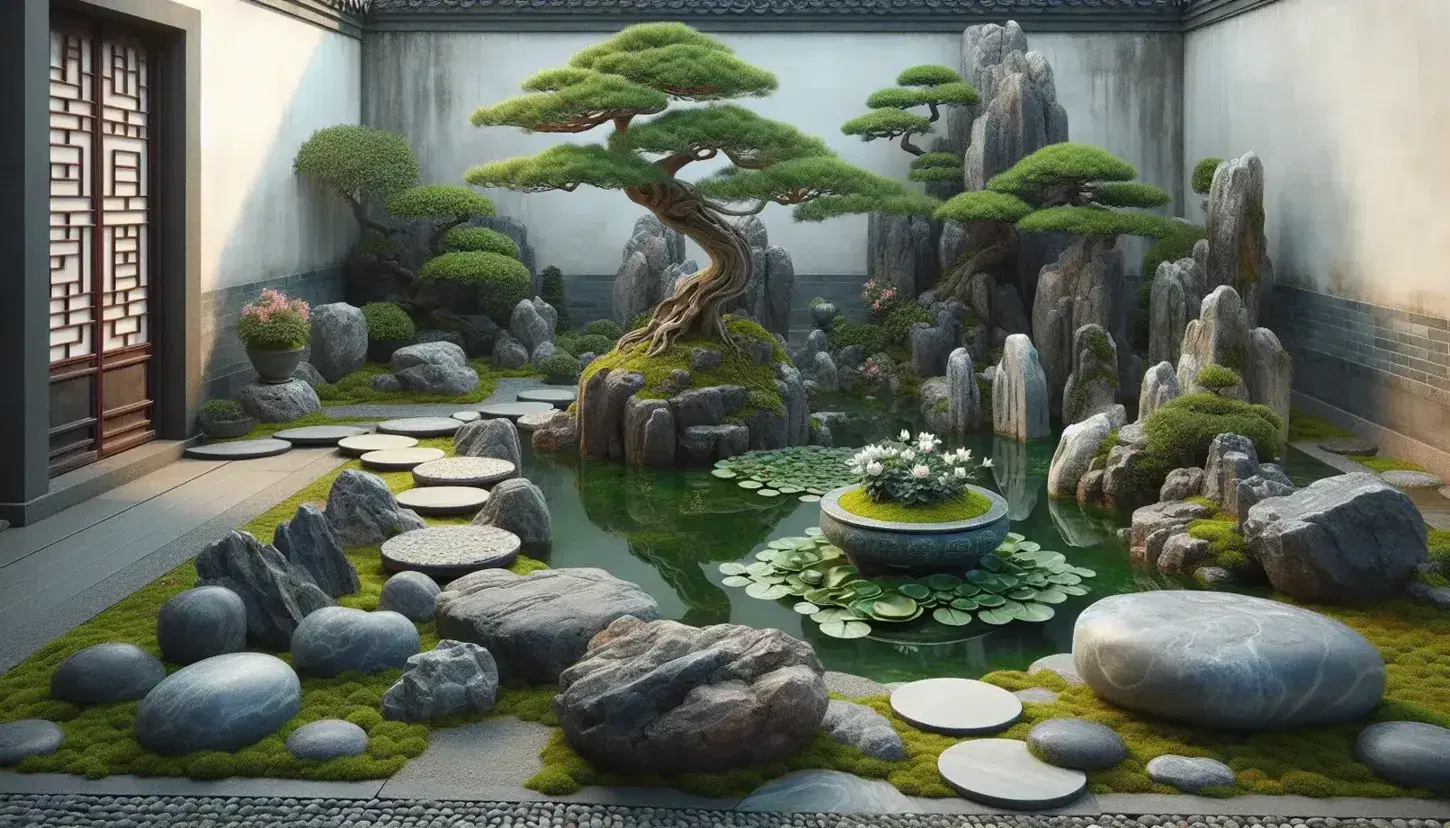 Serene Chinese garden scene with reflective pond, floating water lilies, a bonsai on a blue pot, stepping stone path, and a wooden pavilion.