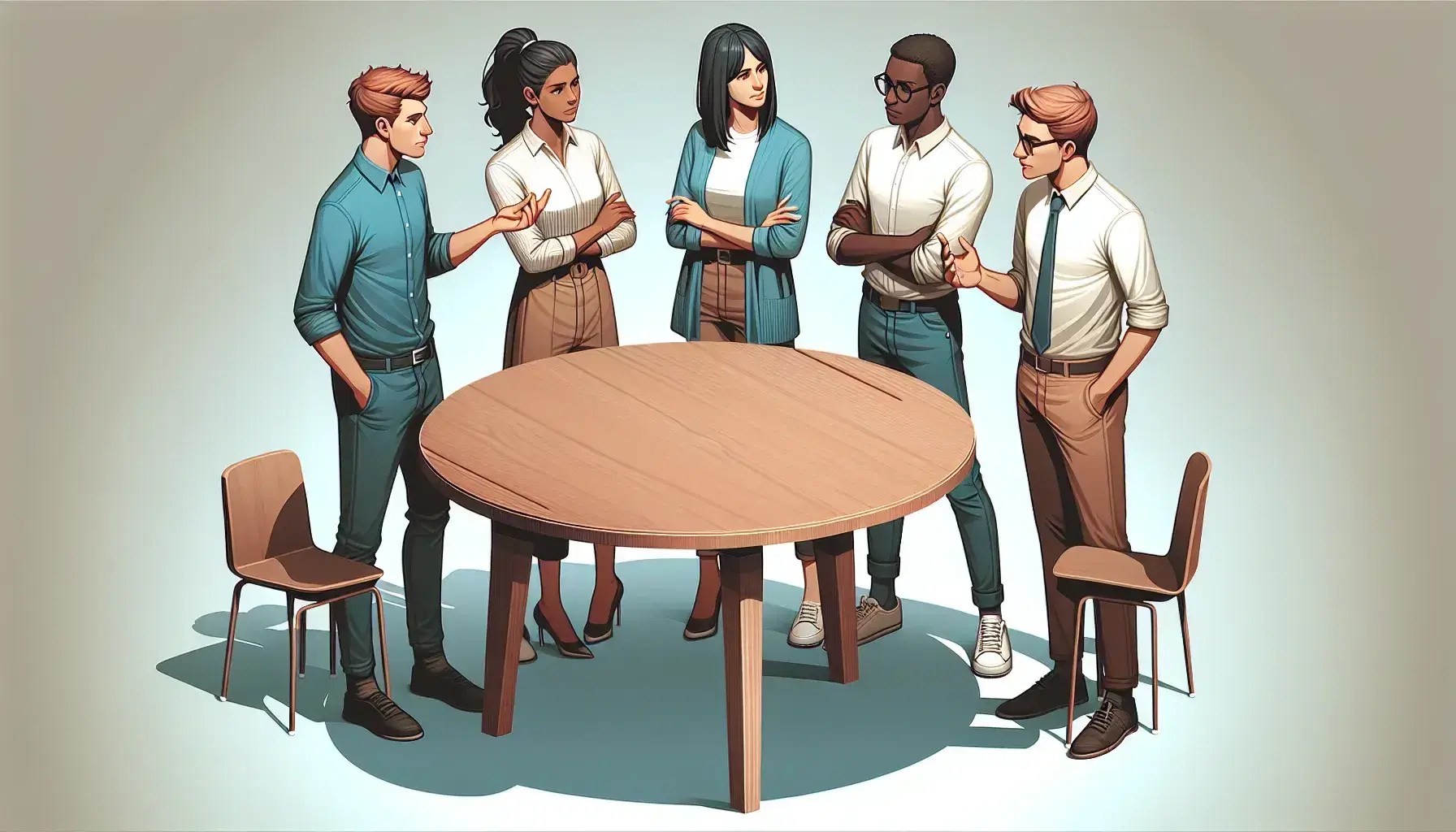 Grupo de cinco profesionales de diversas etnias en conversación seria alrededor de una mesa redonda de madera clara, gestos indican discusión o negociación.