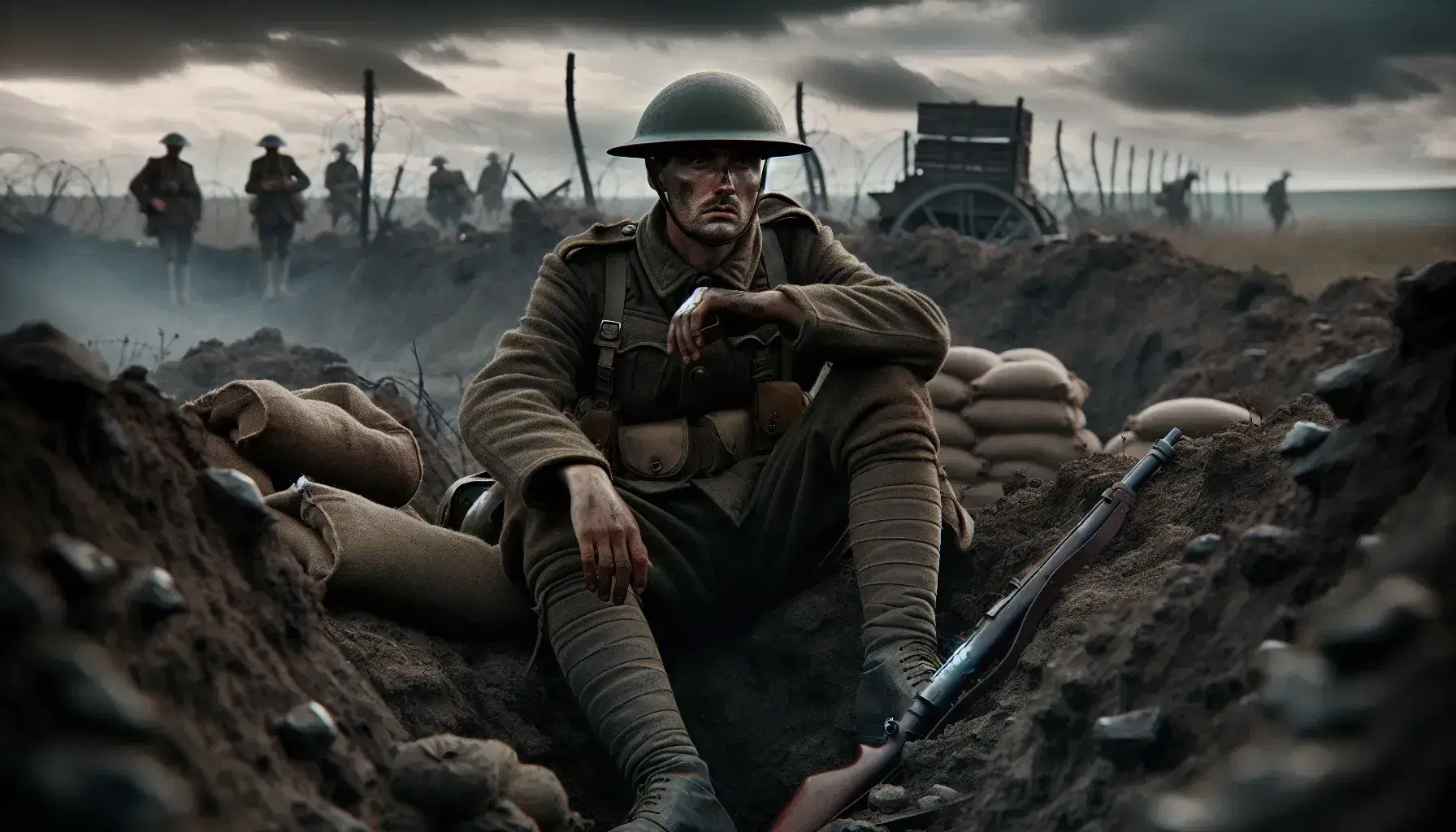 Soldato stanco in uniforme della Prima Guerra Mondiale seduto in un terreno roccioso con trincea e filo spinato sullo sfondo sotto un cielo nuvoloso.